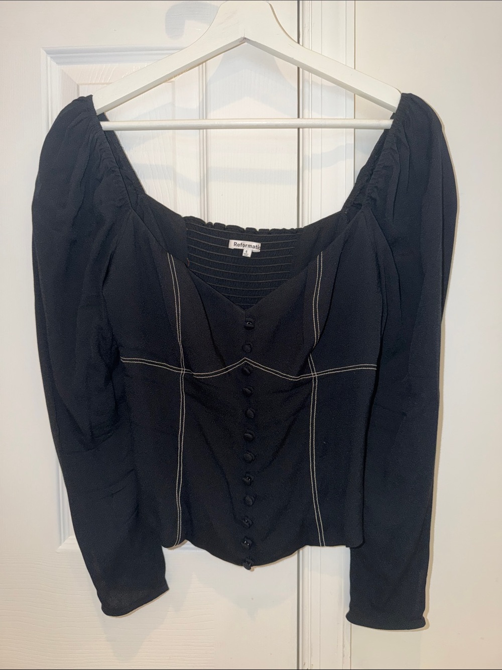 Reformation Black Puff-Sleeve Button-Up Blouse with Contrast Stitching
